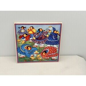 1995 Beverly Lavalee Painted Tile Signed Men & Women At Work Red Blue 5.5”Square